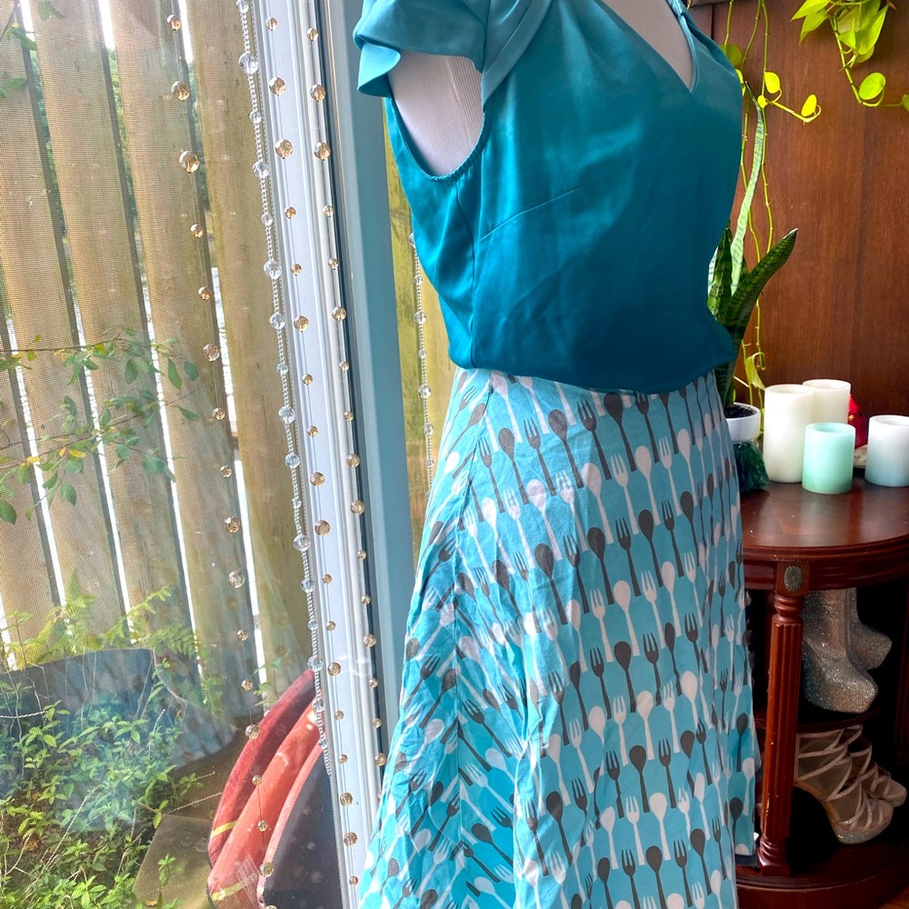 SET Ombré Satiny Turquoise 50’s Mod Pop Art  Top Wrap Handmade Skirt 6/4 OOAK